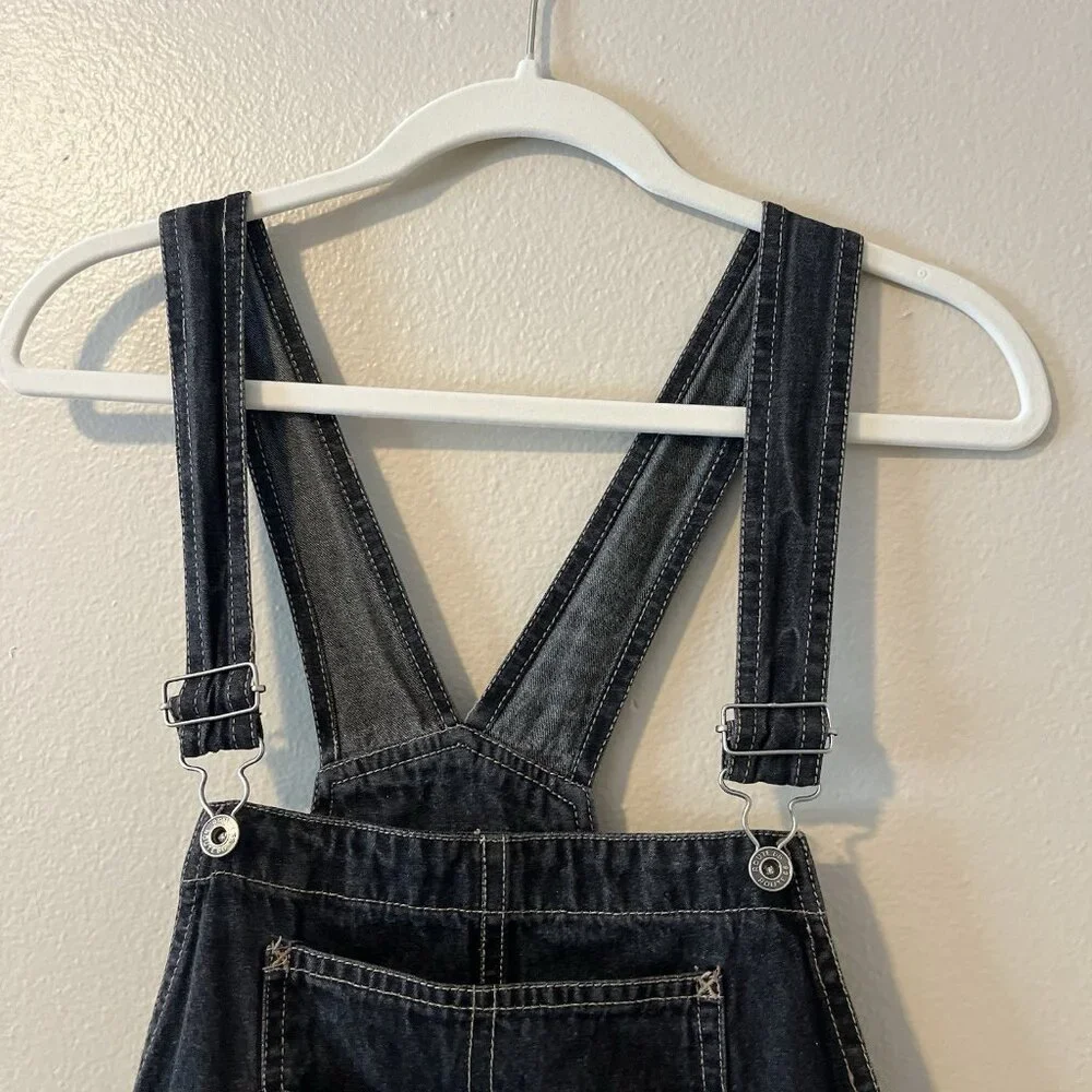 Vtg Denim Overall Shorts Black Grey Embroidered Y2K Kid Core Grunge‎ Goth 90s